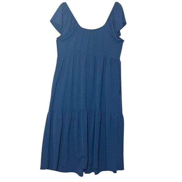 Maggy London Shirtdress 12 Blue Ruffle Sleeve Scoop Neck Tiered Pockets Buttons - Picture 3 of 10